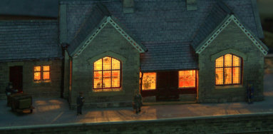 Closeup of the station wating rooms at night.