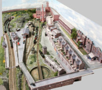 This view looks along the layout towards the large factory.